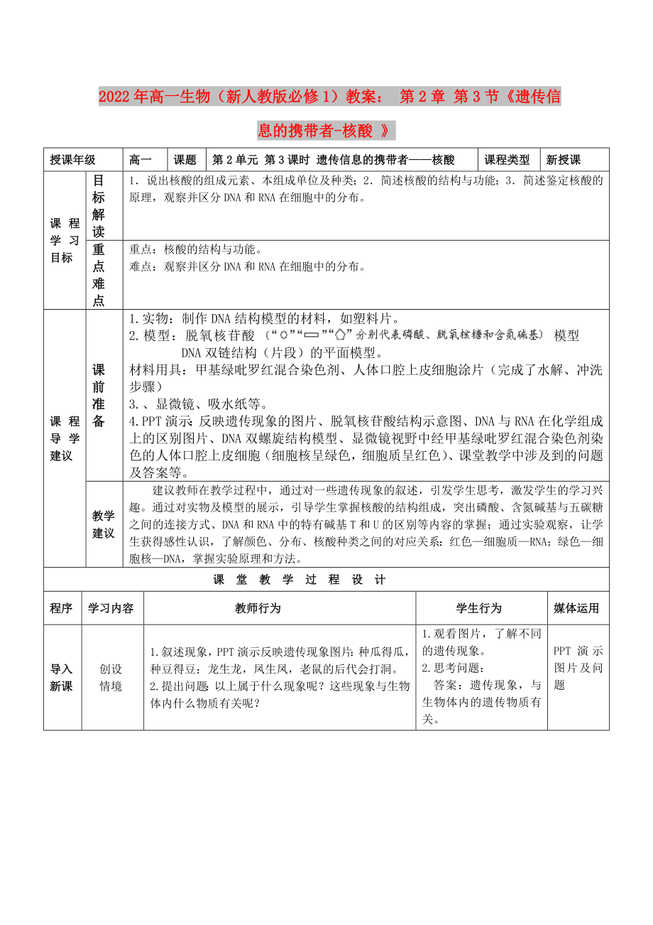 2022年高一生物（新人教版必修1）教案： 第2章 第3節(jié)《遺傳信息的攜帶者-核酸 》_第1頁