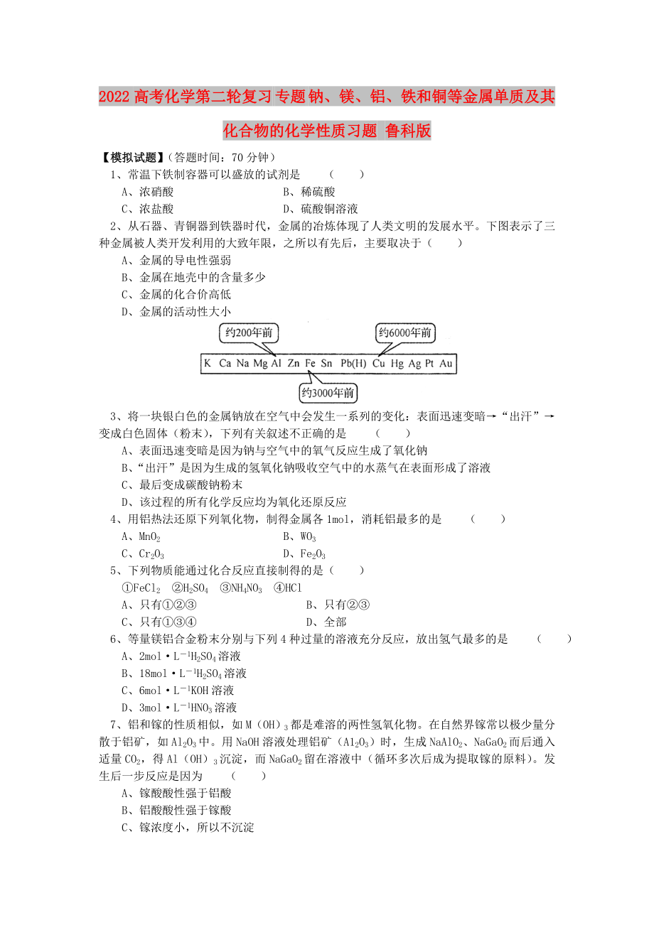 2022高考化學第二輪復習 專題 鈉、鎂、鋁、鐵和銅等金屬單質及其化合物的化學性質習題 魯科版_第1頁