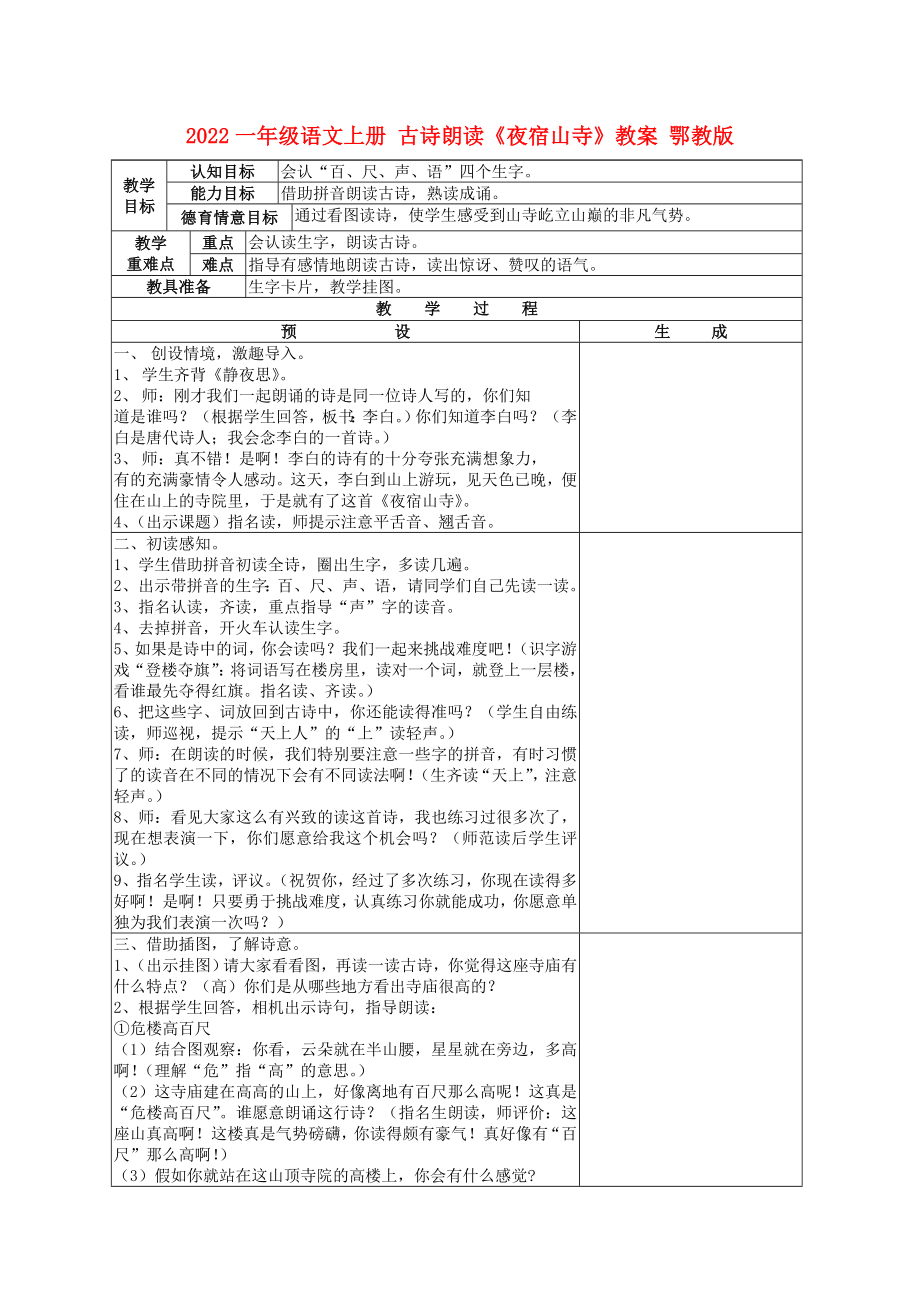 2022一年級語文上冊 古詩朗讀《夜宿山寺》教案 鄂教版_第1頁