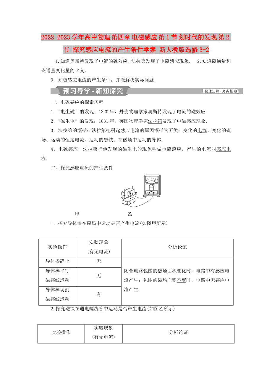 2022-2023學年高中物理 第四章 電磁感應 第1節(jié) 劃時代的發(fā)現(xiàn) 第2節(jié) 探究感應電流的產(chǎn)生條件學案 新人教版選修3-2_第1頁