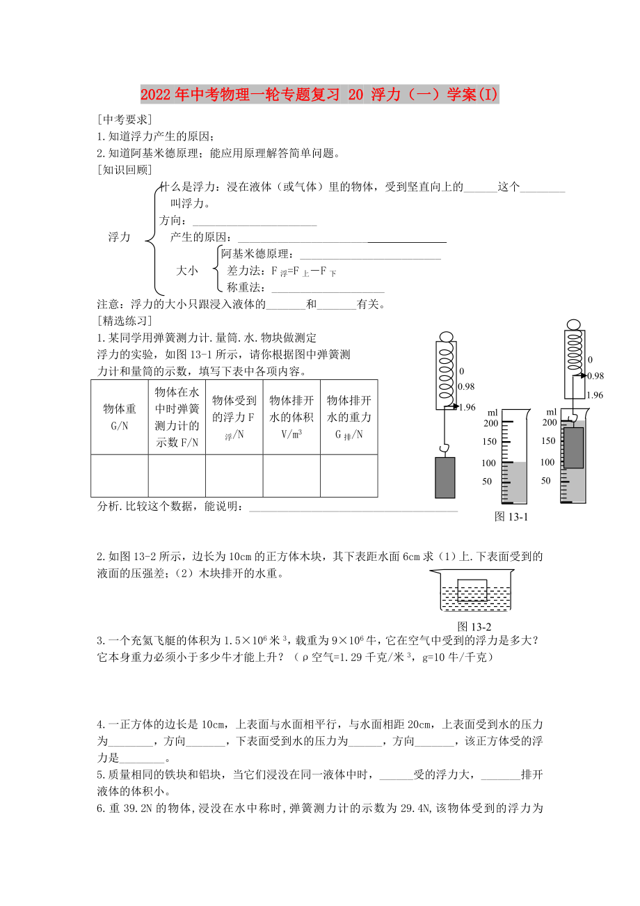 2022年中考物理一輪專題復(fù)習(xí) 20 浮力（一）學(xué)案(I)_第1頁(yè)