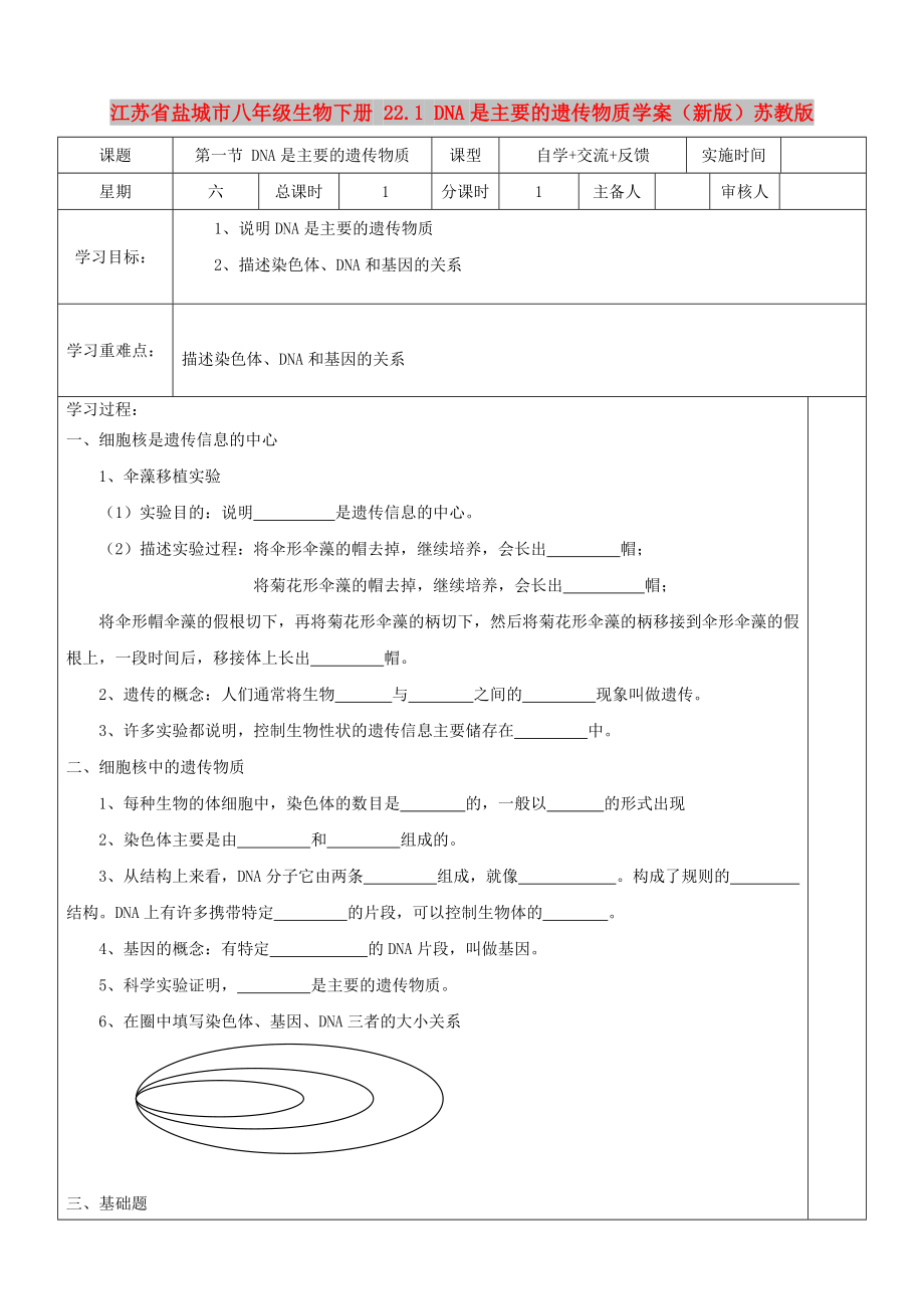 江蘇省鹽城市八年級生物下冊 22.1 DNA是主要的遺傳物質(zhì)學(xué)案（新版）蘇教版_第1頁