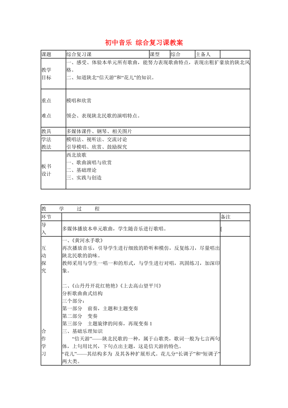 初中音樂 綜合復(fù)習(xí)課教案_第1頁