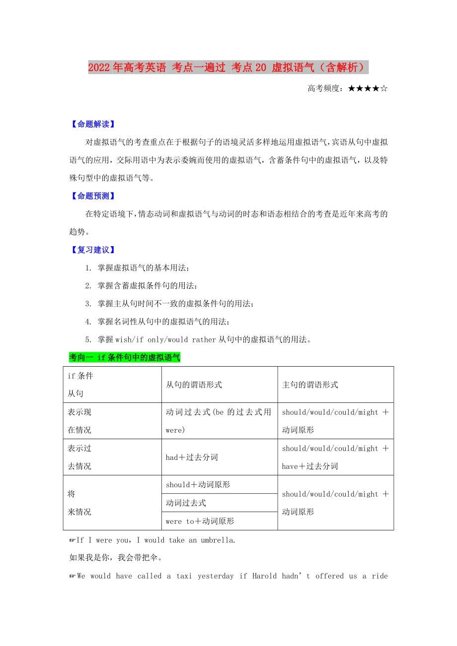 2022年高考英語(yǔ) 考點(diǎn)一遍過(guò) 考點(diǎn)20 虛擬語(yǔ)氣（含解析）_第1頁(yè)