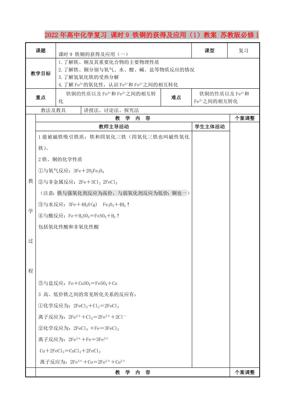 2022年高中化学复习 课时9 铁铜的获得及应用（1）教案 苏教版必修1_第1页