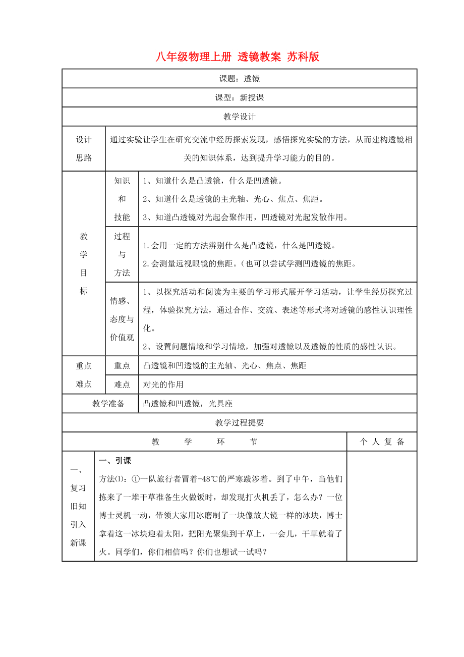 八年級物理上冊 透鏡教案 蘇科版_第1頁