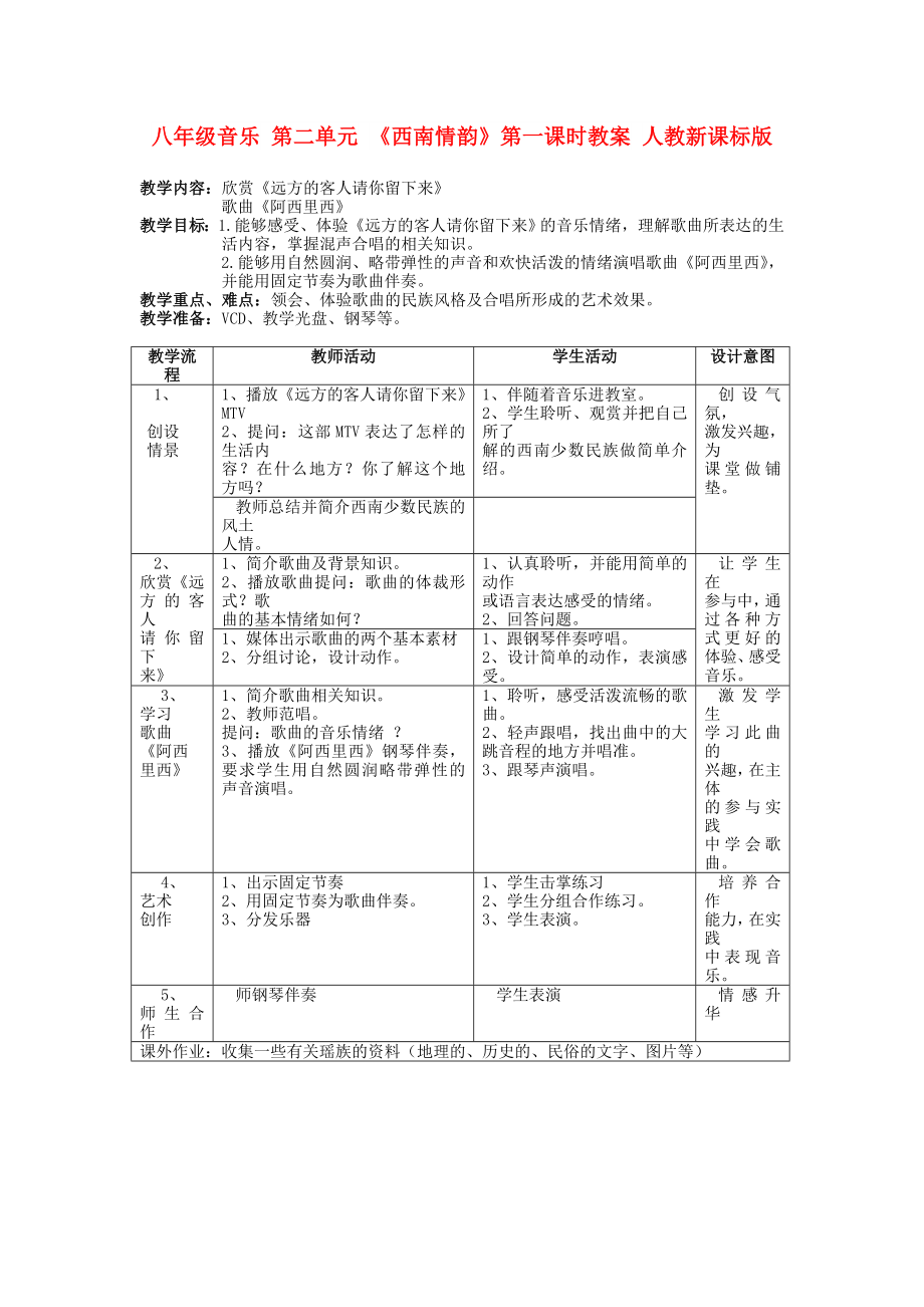 八年級音樂 第二單元 《西南情韻》第一課時教案 人教新課標(biāo)版_第1頁