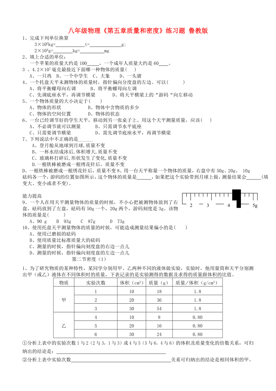 八年級物理《第五章質(zhì)量和密度》練習(xí)題 魯教版_第1頁