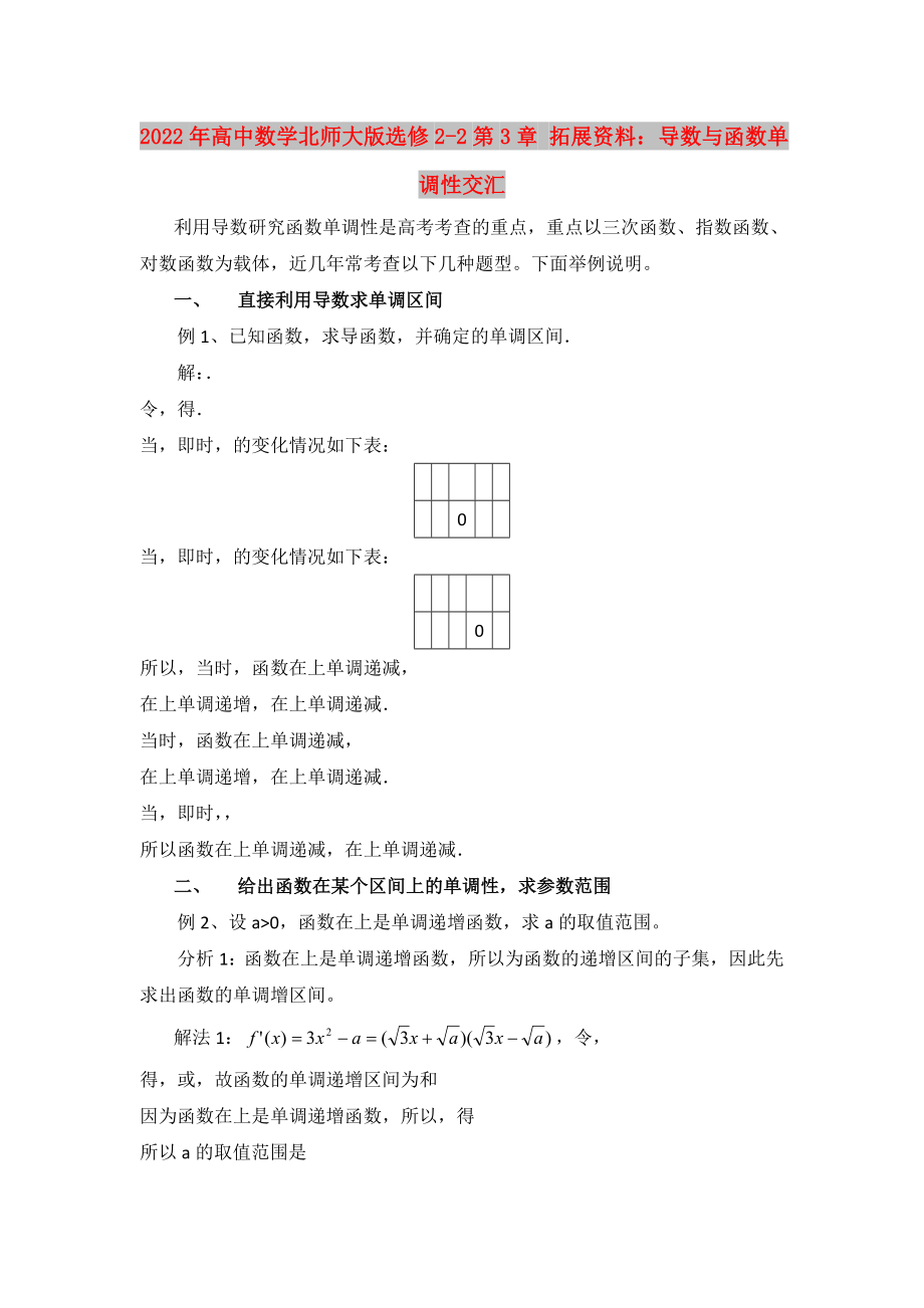 2022年高中數(shù)學(xué)北師大版選修2-2第3章 拓展資料：導(dǎo)數(shù)與函數(shù)單調(diào)性交匯_第1頁