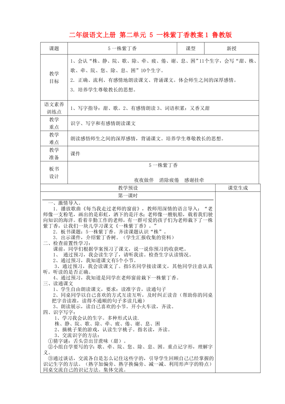 二年級語文上冊 第二單元 5 一株紫丁香教案1 魯教版_第1頁