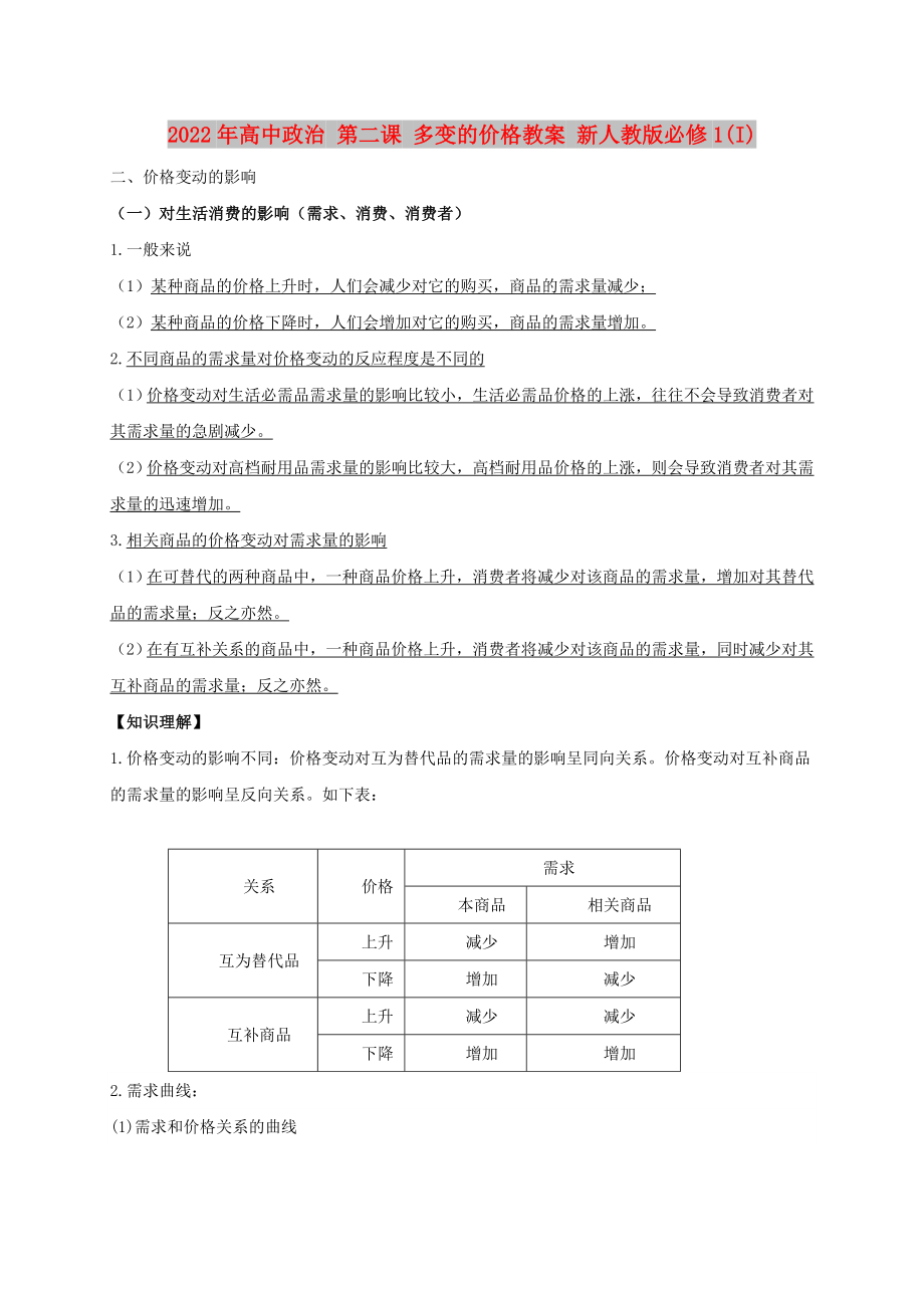 2022年高中政治 第二課 多變的價(jià)格教案 新人教版必修1(I)_第1頁(yè)