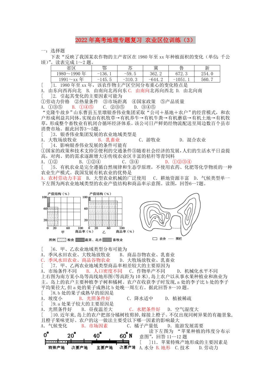 2022年高考地理專(zhuān)題復(fù)習(xí) 農(nóng)業(yè)區(qū)位訓(xùn)練（3）_第1頁(yè)