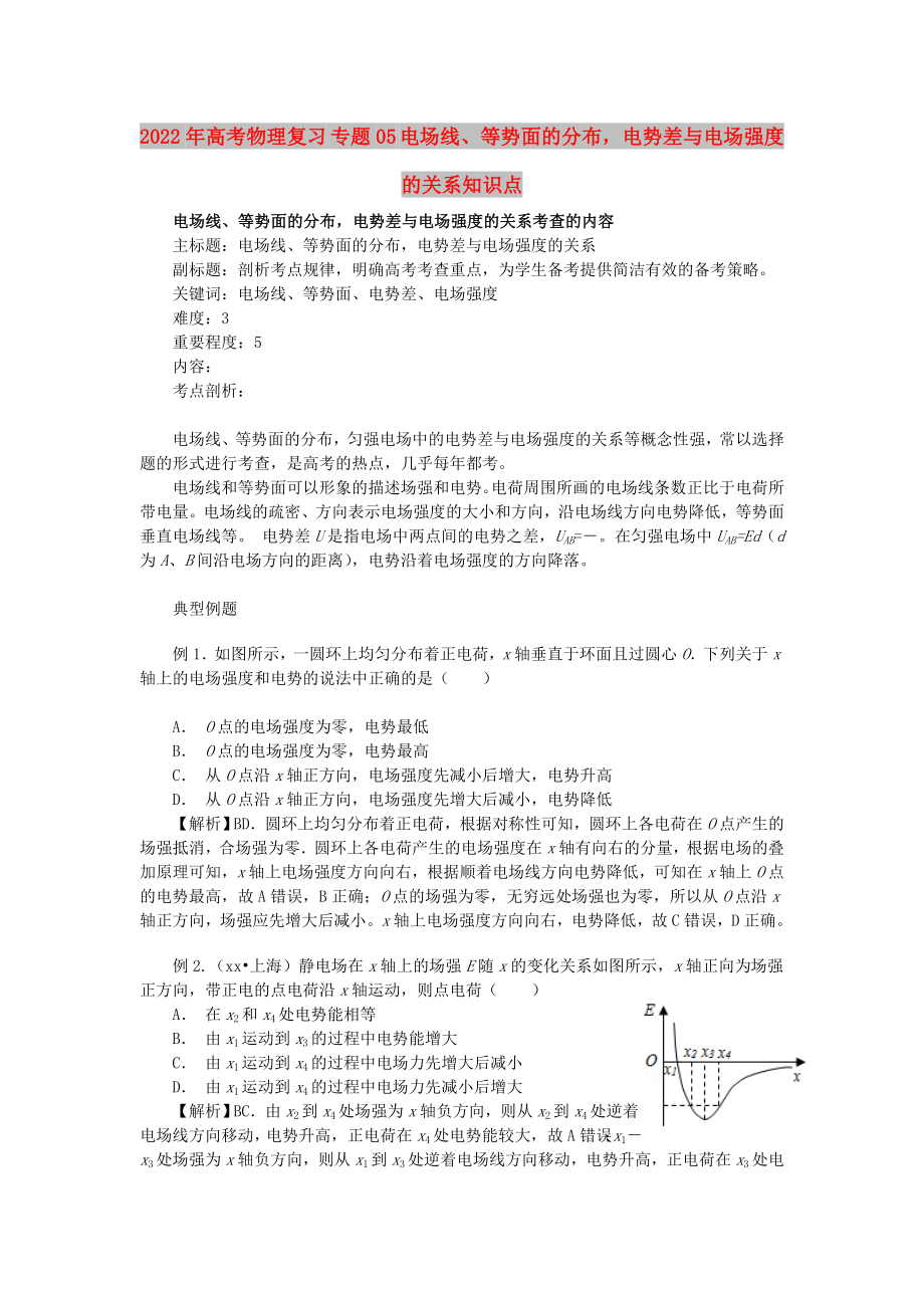 2022年高考物理復(fù)習(xí) 專題05 電場線、等勢面的分布電勢差與電場強(qiáng)度的關(guān)系知識點(diǎn)_第1頁