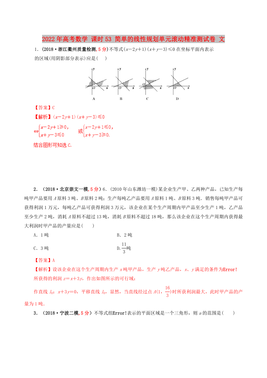 2022年高考数学 课时53 简单的线性规划单元滚动精准测试卷 文_第1页