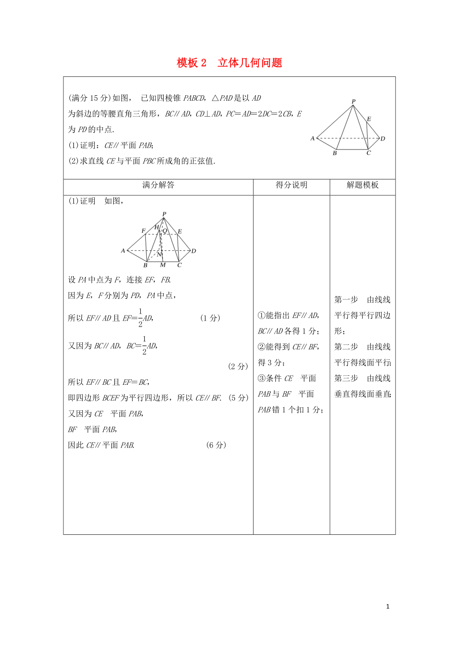 （浙江专用）2019高考数学二轮复习 指导二 透视高考解题模板示范规范拿高分 模板2 立体几何问题学案_第1页