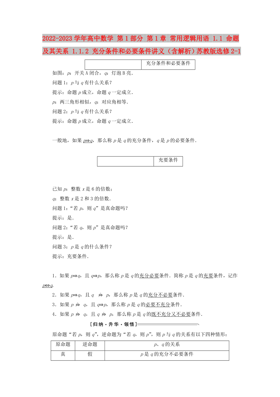 2022-2023學年高中數學 第1部分 第1章 常用邏輯用語 1.1 命題及其關系 1.1.2 充分條件和必要條件講義（含解析）蘇教版選修2-1_第1頁