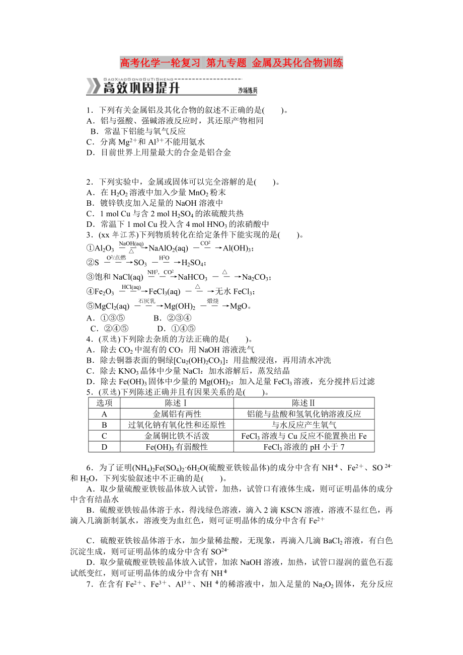 高考化學(xué)一輪復(fù)習(xí) 第九專題 金屬及其化合物訓(xùn)練_第1頁