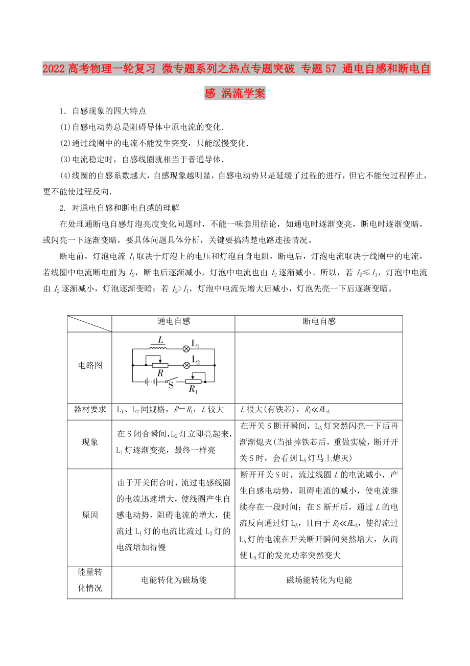 2022高考物理一輪復習 微專題系列之熱點專題突破 專題57 通電自感和斷電自感 渦流學案_第1頁