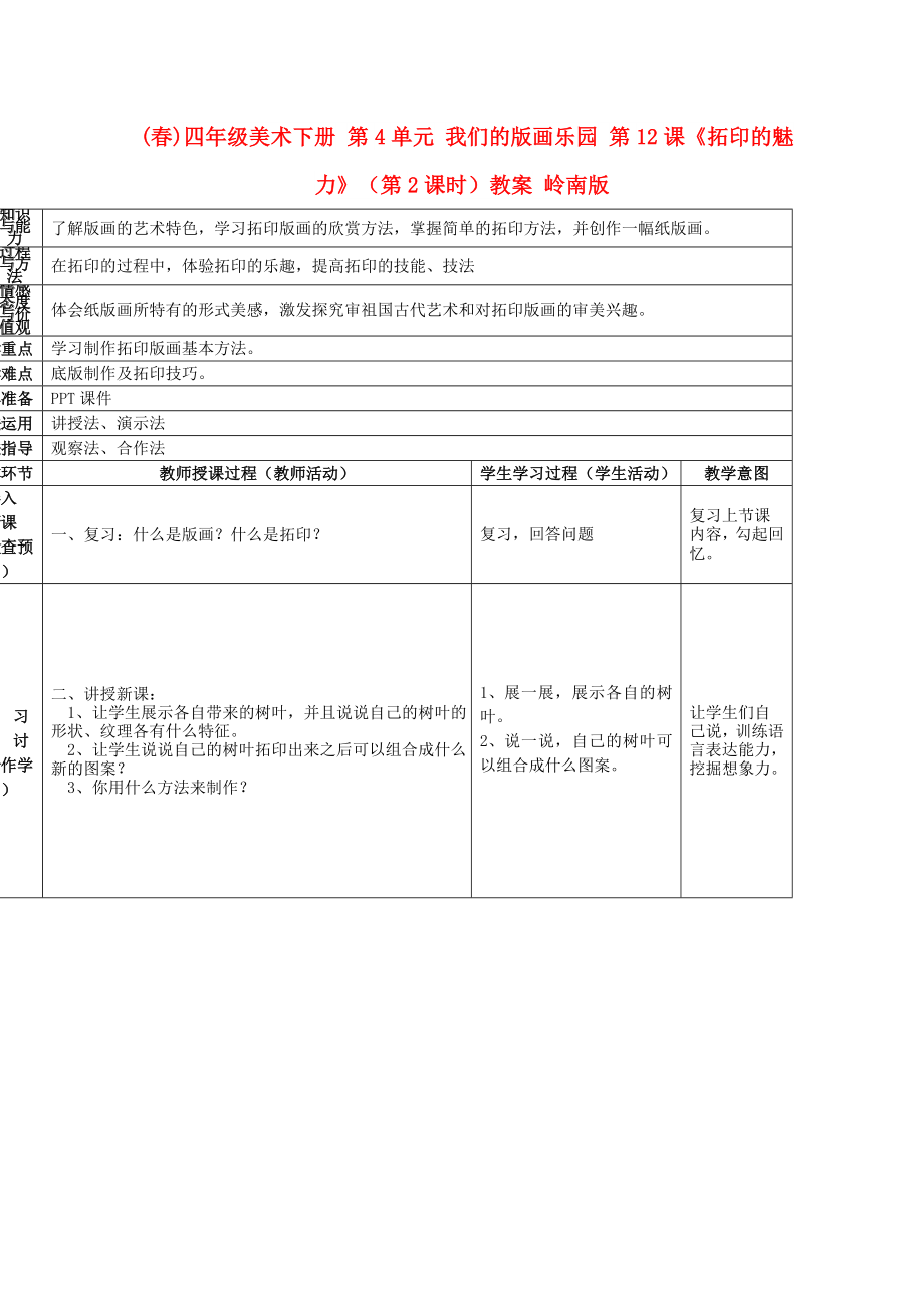 (春)四年級美術(shù)下冊 第4單元 我們的版畫樂園 第12課《拓印的魅力》（第2課時）教案 嶺南版_第1頁