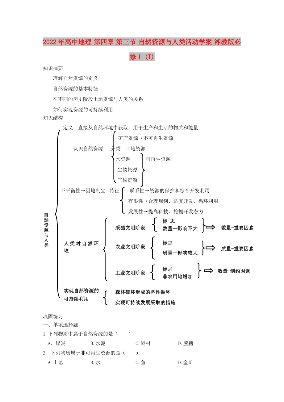 2022年高中地理 第四章 第三節(jié) 自然資源與人類活動學(xué)案 湘教版必修1 (I)_第1頁