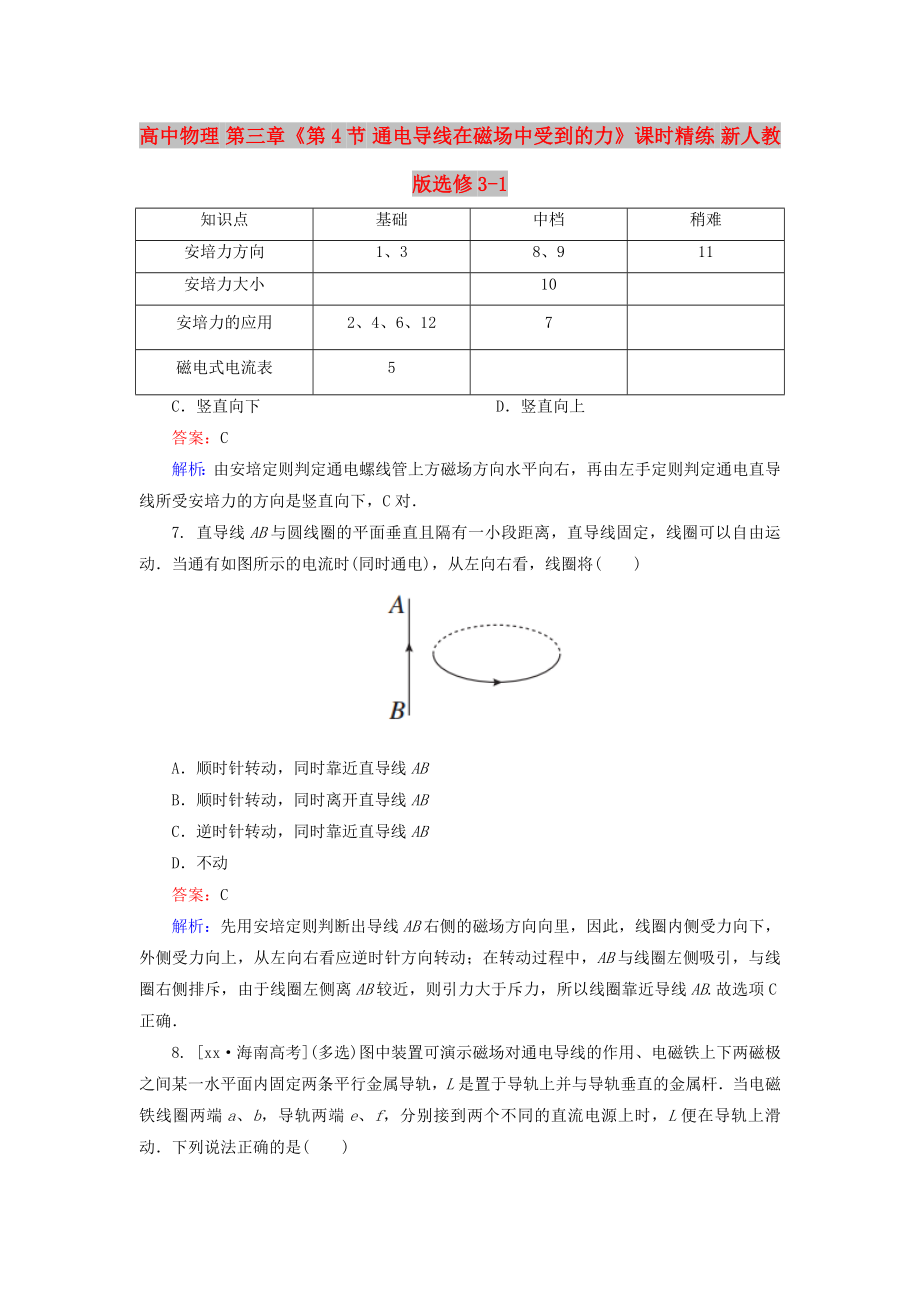 高中物理 第三章《第4节 通电导线在磁场中受到的力》课时精练 新人教版选修3-1_第1页