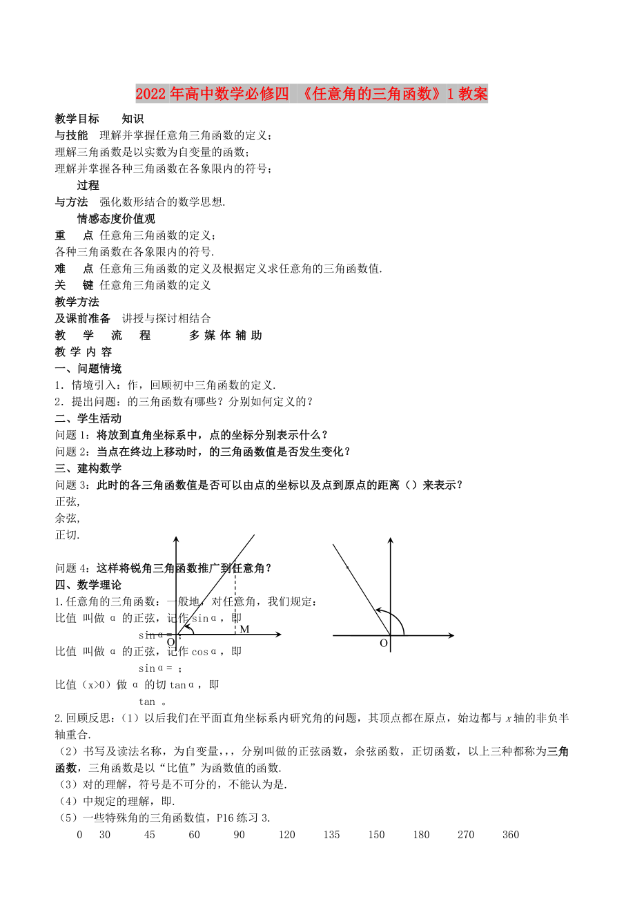 2022年高中數(shù)學(xué)必修四 《任意角的三角函數(shù)》1教案_第1頁(yè)