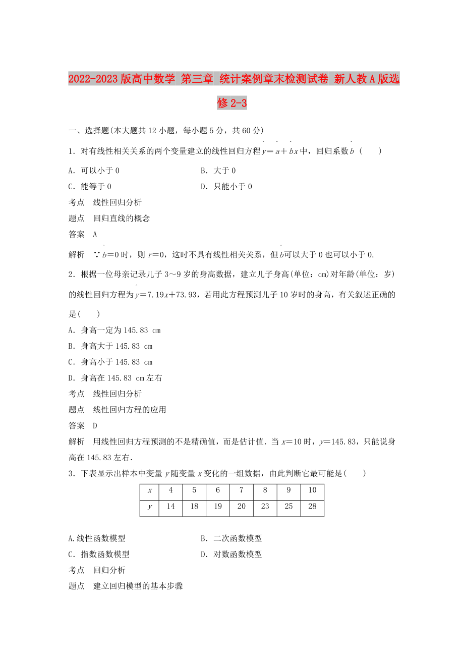 2022-2023版高中數(shù)學(xué) 第三章 統(tǒng)計(jì)案例章末檢測(cè)試卷 新人教A版選修2-3_第1頁