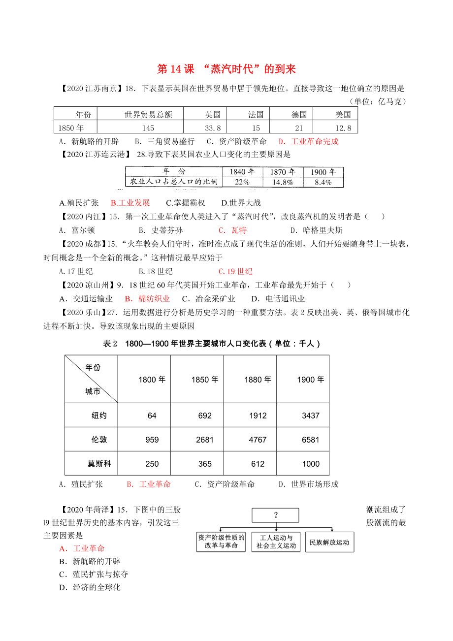 2020中考歷史真題分類匯編 九上 第14課“蒸汽時代”的到來_第1頁