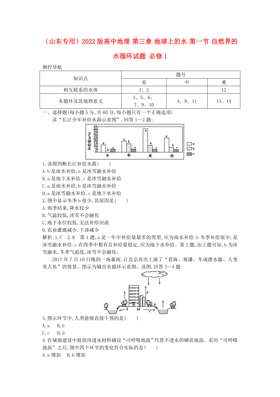 （山東專用）2022版高中地理 第三章 地球上的水 第一節(jié) 自然界的水循環(huán)試題 必修1_第1頁(yè)