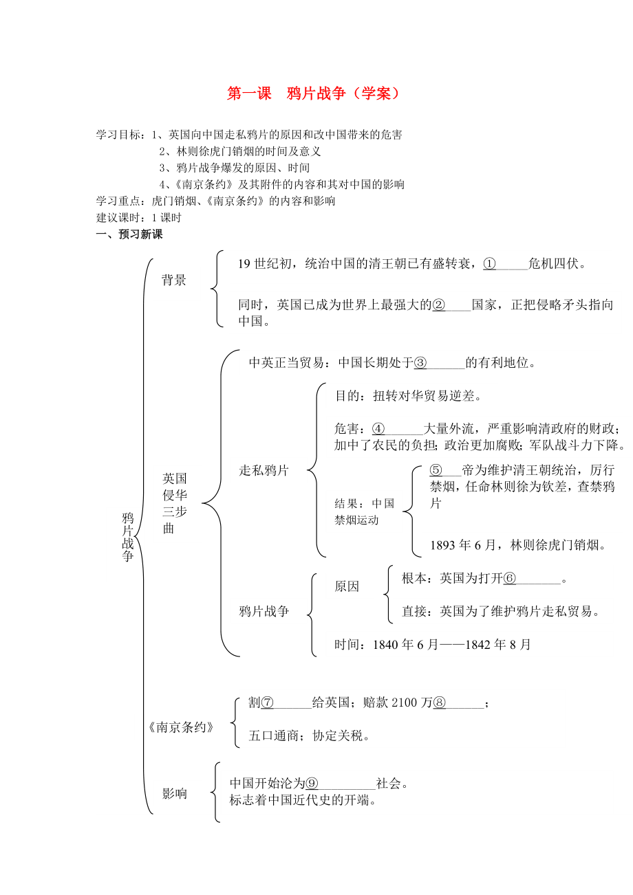 八年級歷史上冊 第1課 鴉片戰(zhàn)爭學(xué)案（無答案） 川教版_第1頁