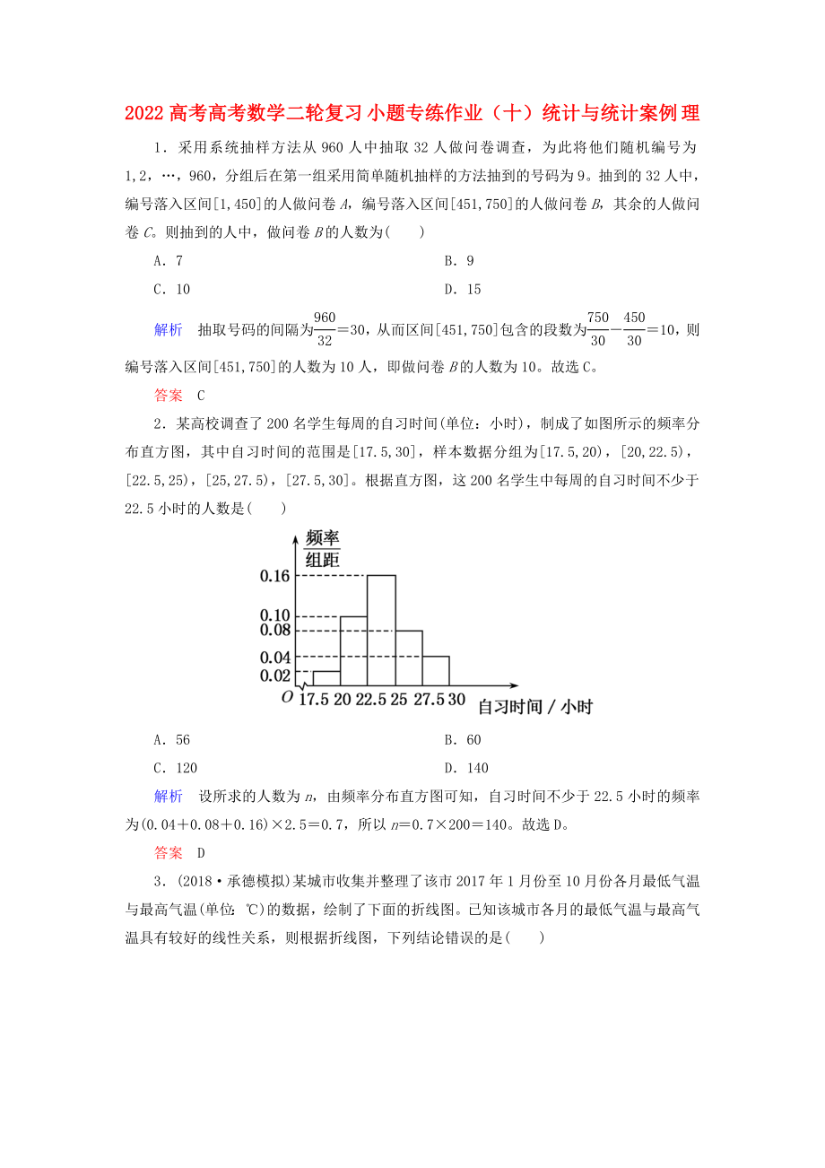 2022高考高考數(shù)學(xué)二輪復(fù)習(xí) 小題專練作業(yè)（十）統(tǒng)計與統(tǒng)計案例 理_第1頁