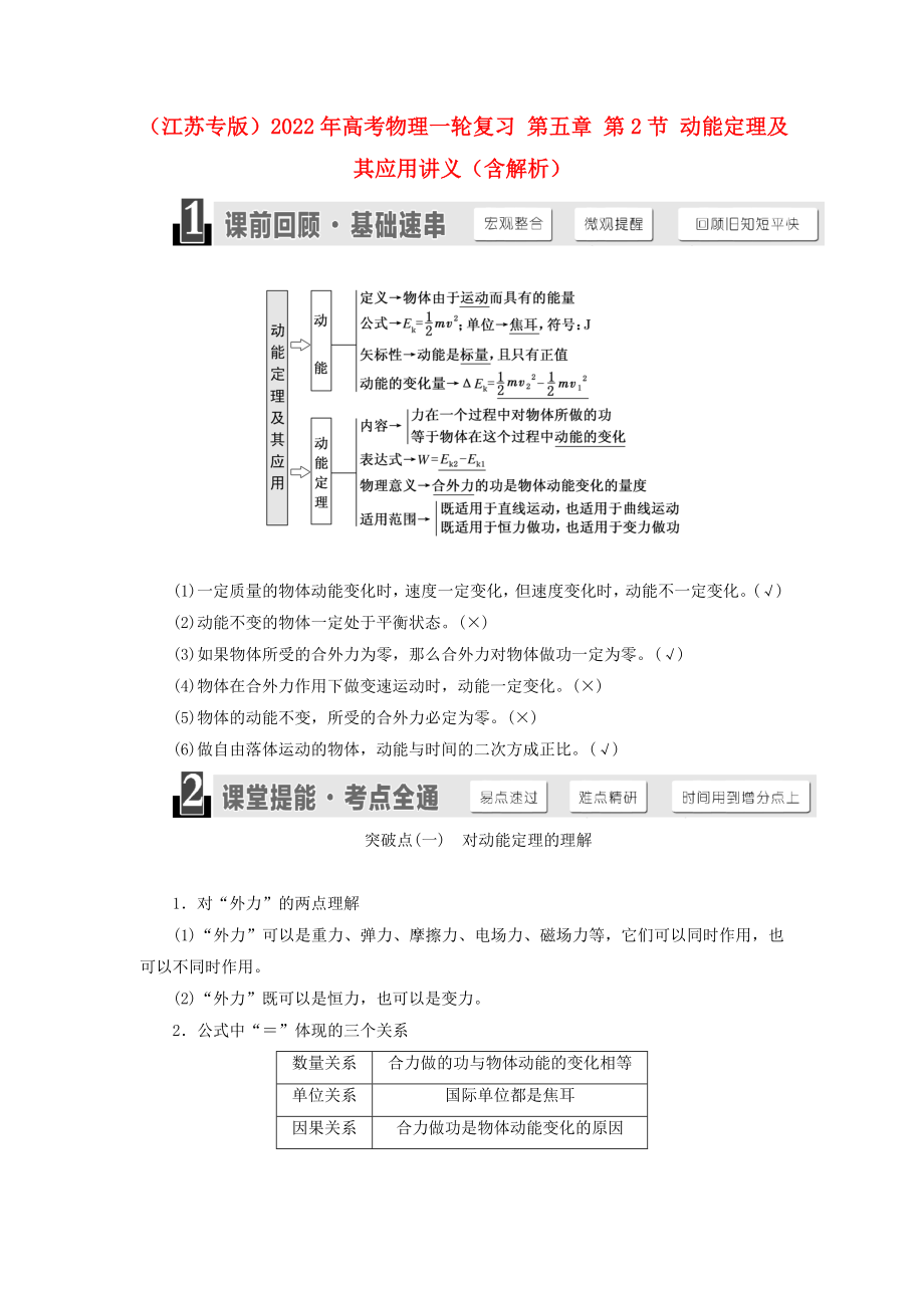 （江蘇專版）2022年高考物理一輪復習 第五章 第2節(jié) 動能定理及其應用講義（含解析）_第1頁