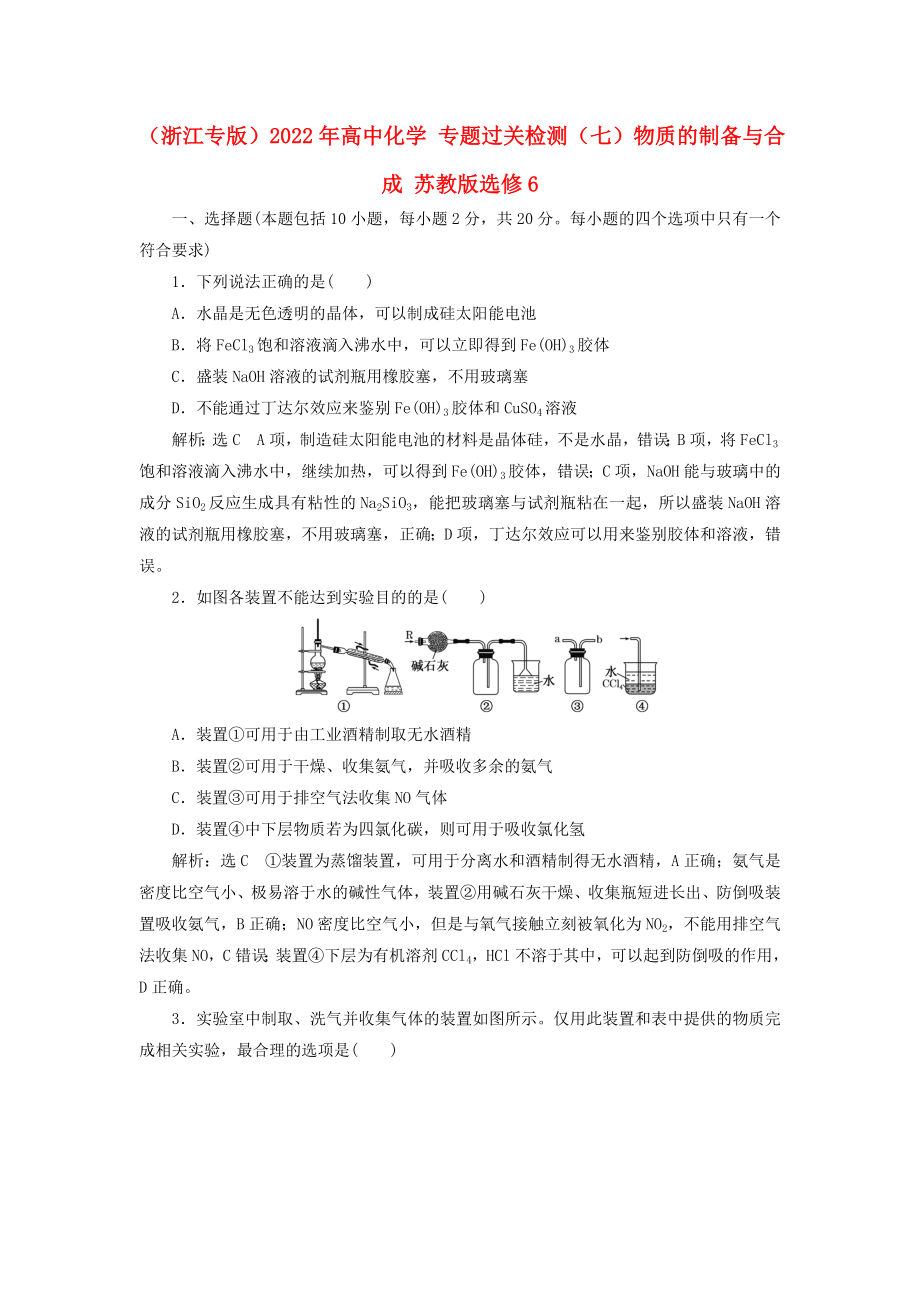 （浙江專版）2022年高中化學(xué) 專題過(guò)關(guān)檢測(cè)（七）物質(zhì)的制備與合成 蘇教版選修6_第1頁(yè)