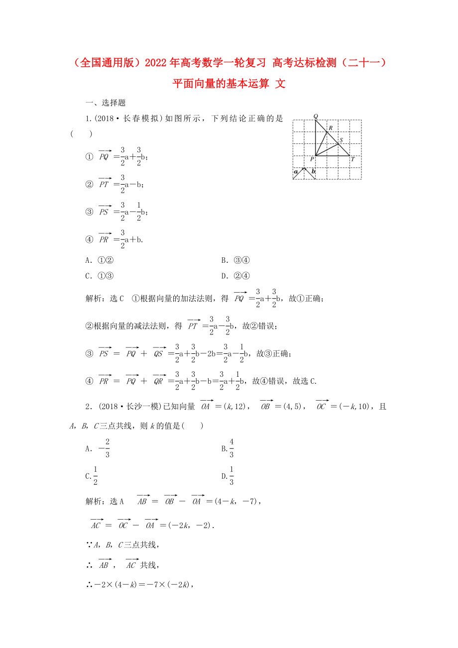 （全國通用版）2022年高考數(shù)學(xué)一輪復(fù)習(xí) 高考達標檢測（二十一）平面向量的基本運算 文_第1頁