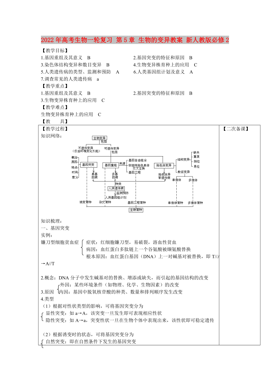 2022年高考生物一輪復(fù)習(xí) 第5章 生物的變異教案 新人教版必修2_第1頁