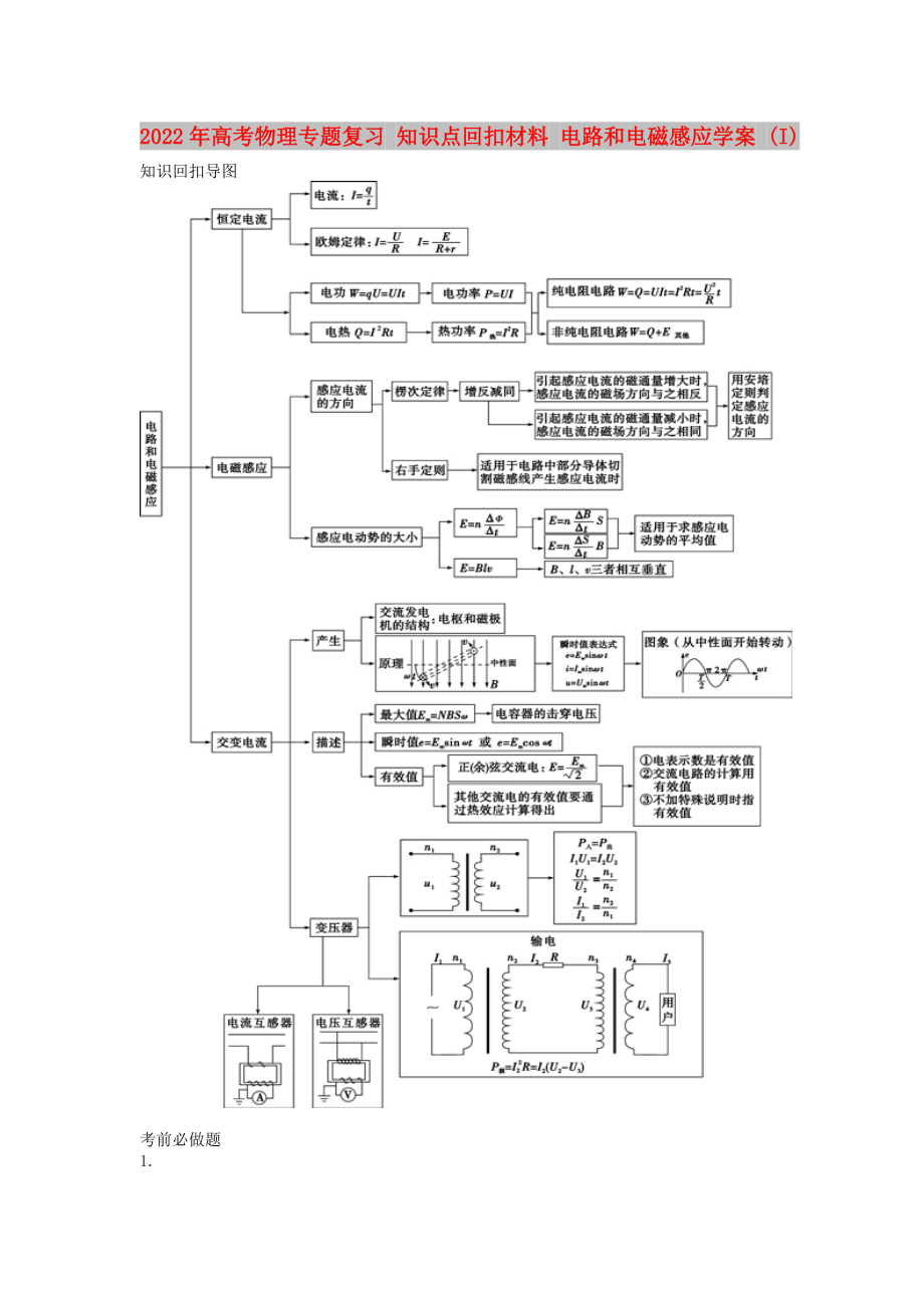 2022年高考物理專題復(fù)習(xí) 知識(shí)點(diǎn)回扣材料 電路和電磁感應(yīng)學(xué)案 (I)_第1頁(yè)