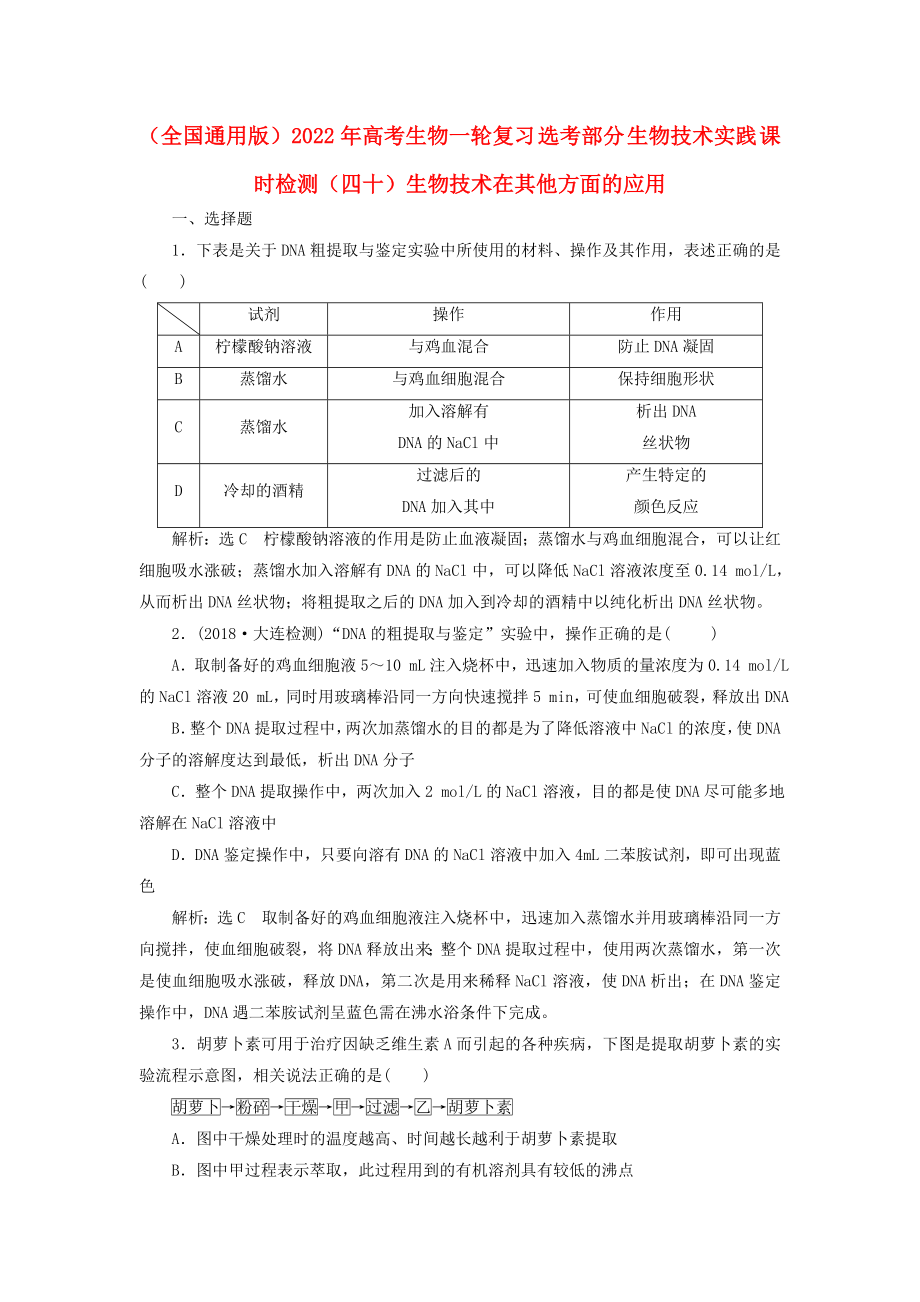 （全國(guó)通用版）2022年高考生物一輪復(fù)習(xí) 選考部分 生物技術(shù)實(shí)踐 課時(shí)檢測(cè)（四十）生物技術(shù)在其他方面的應(yīng)用_第1頁(yè)