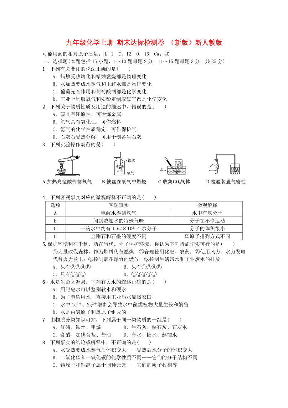 九年级化学上册 期末达标检测卷 （新版）新人教版_第1页