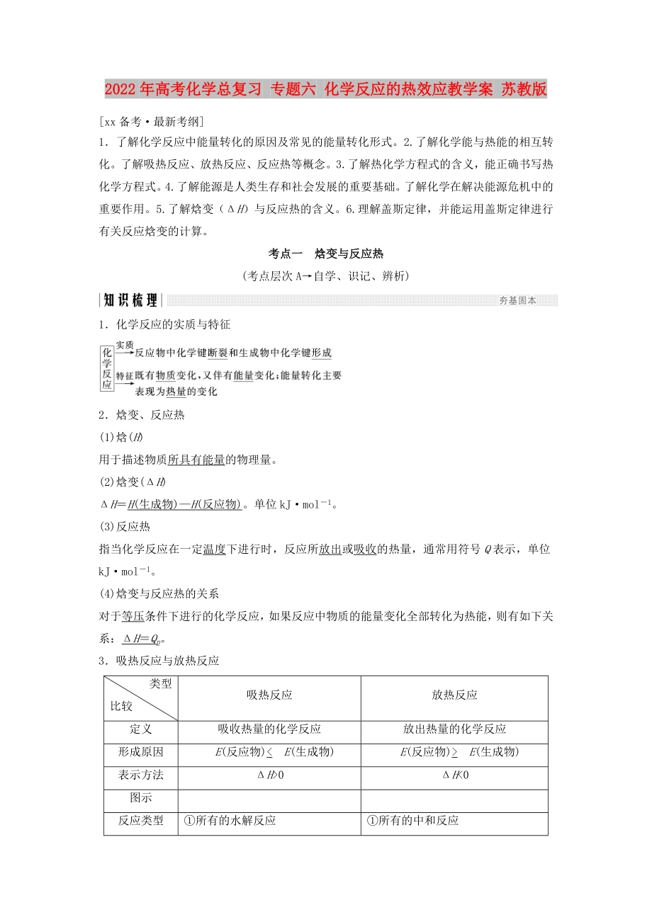 2022年高考化学总复习 专题六 化学反应的热效应教学案 苏教版_第1页