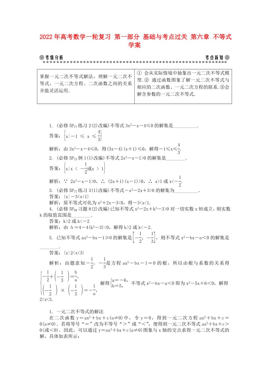 2022年高考數(shù)學一輪復習 第一部分 基礎與考點過關(guān) 第六章 不等式學案_第1頁