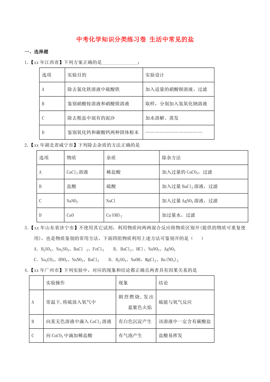 中考化學(xué)知識分類練習(xí)卷 生活中常見的鹽_第1頁