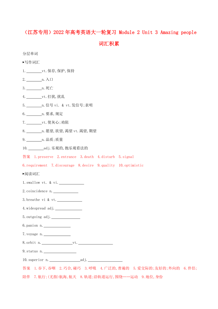 （江蘇專用）2022年高考英語大一輪復(fù)習(xí) Module 2 Unit 3 Amazing people詞匯積累_第1頁