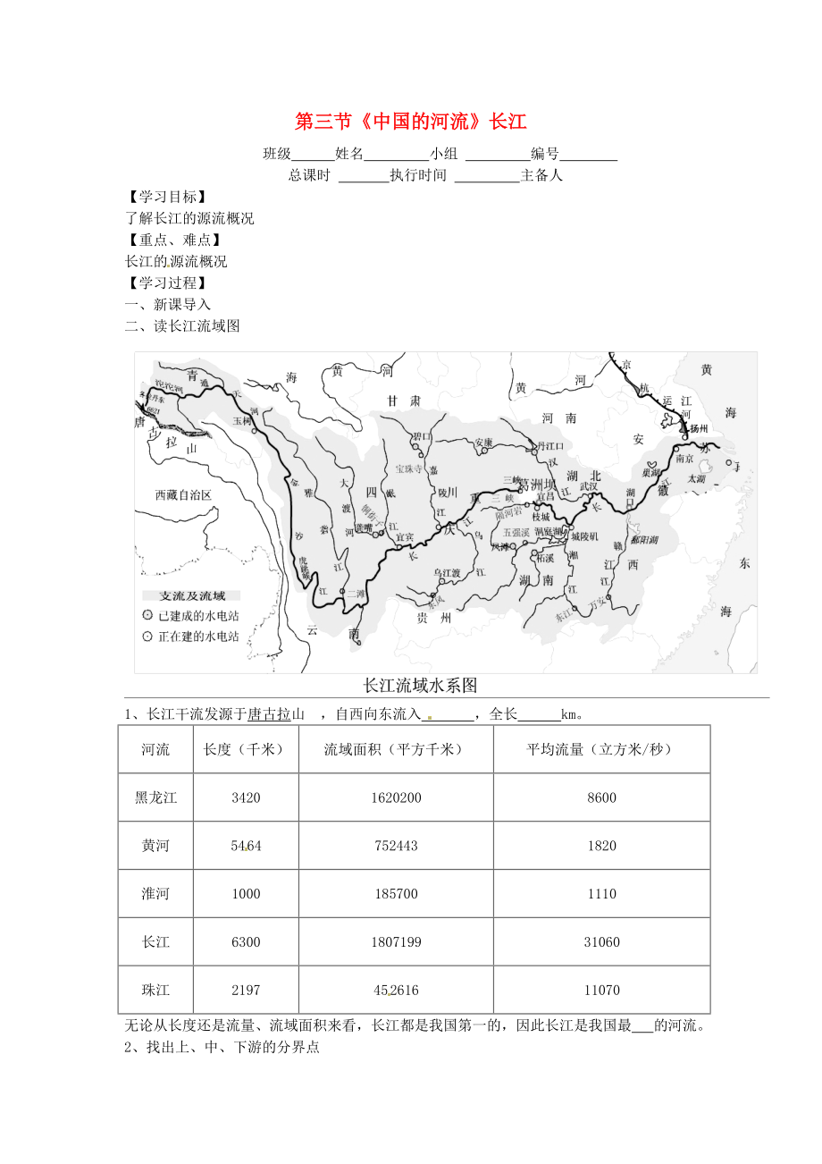 湖南省郴州市第八中學(xué)2020學(xué)年八年級(jí)地理上冊(cè) 第二章 第三節(jié)《中國(guó)的河流》長(zhǎng)江學(xué)案1（無(wú)答案）（新版）湘教版_第1頁(yè)