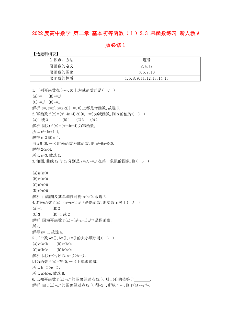 2022度高中數(shù)學(xué) 第二章 基本初等函數(shù)（Ⅰ）2.3 冪函數(shù)練習(xí) 新人教A版必修1_第1頁