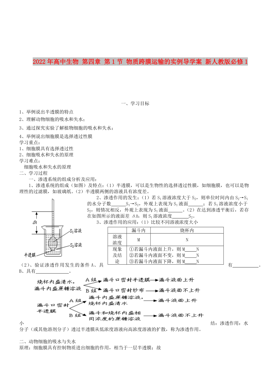 2022年高中生物 第四章 第1節(jié) 物質(zhì)跨膜運(yùn)輸?shù)膶?shí)例導(dǎo)學(xué)案 新人教版必修1_第1頁