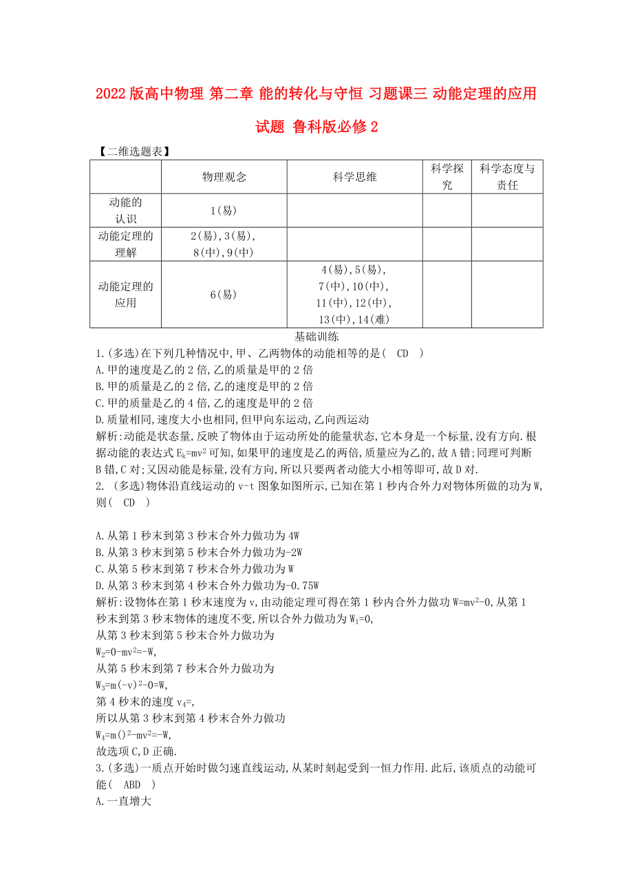 2022版高中物理 第二章 能的轉(zhuǎn)化與守恒 習(xí)題課三 動能定理的應(yīng)用試題 魯科版必修2_第1頁