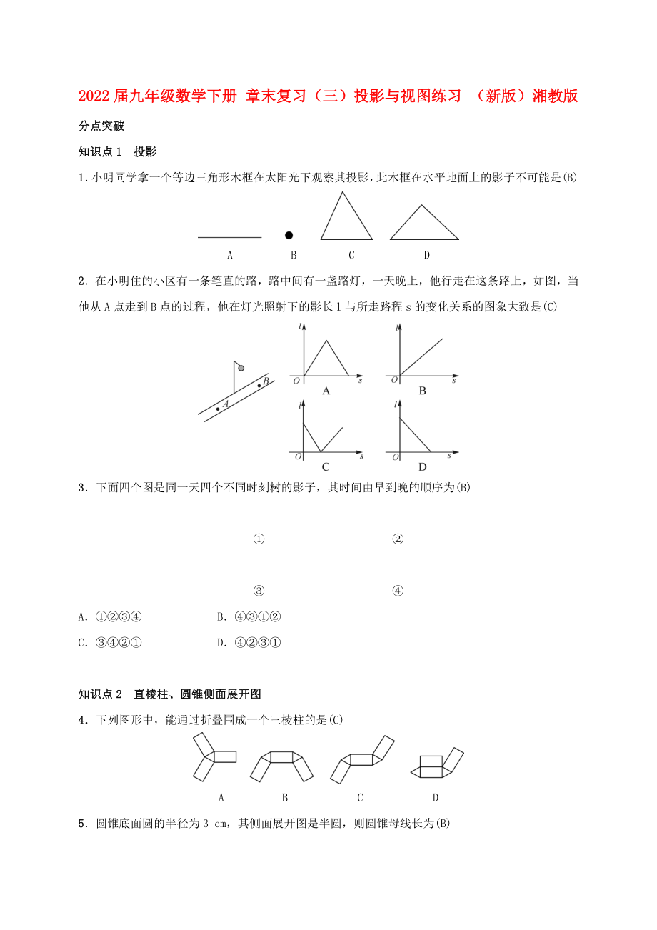 2022屆九年級數(shù)學(xué)下冊 章末復(fù)習(xí)（三）投影與視圖練習(xí) （新版）湘教版_第1頁