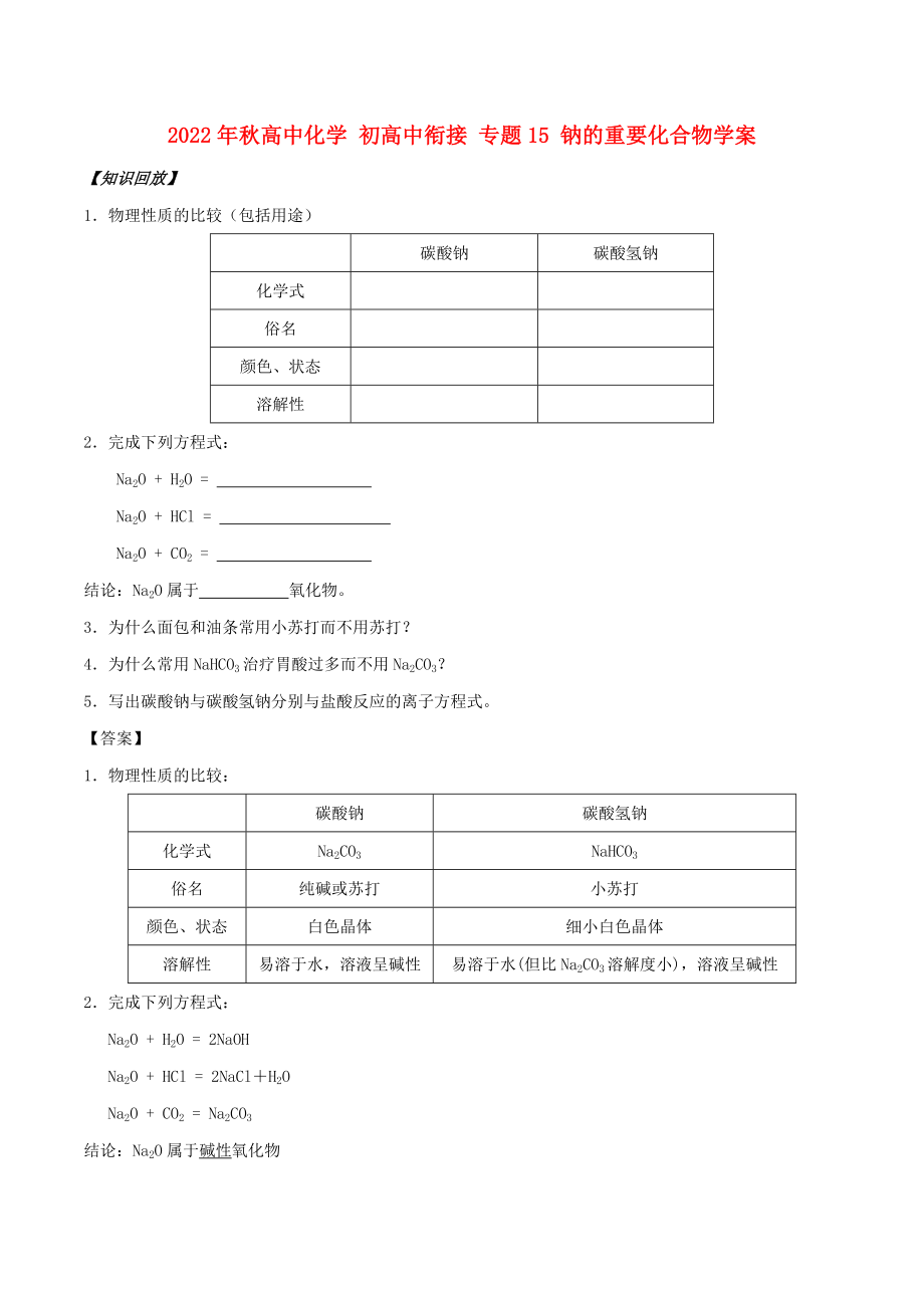 2022年秋高中化學(xué) 初高中銜接 專題15 鈉的重要化合物學(xué)案_第1頁(yè)