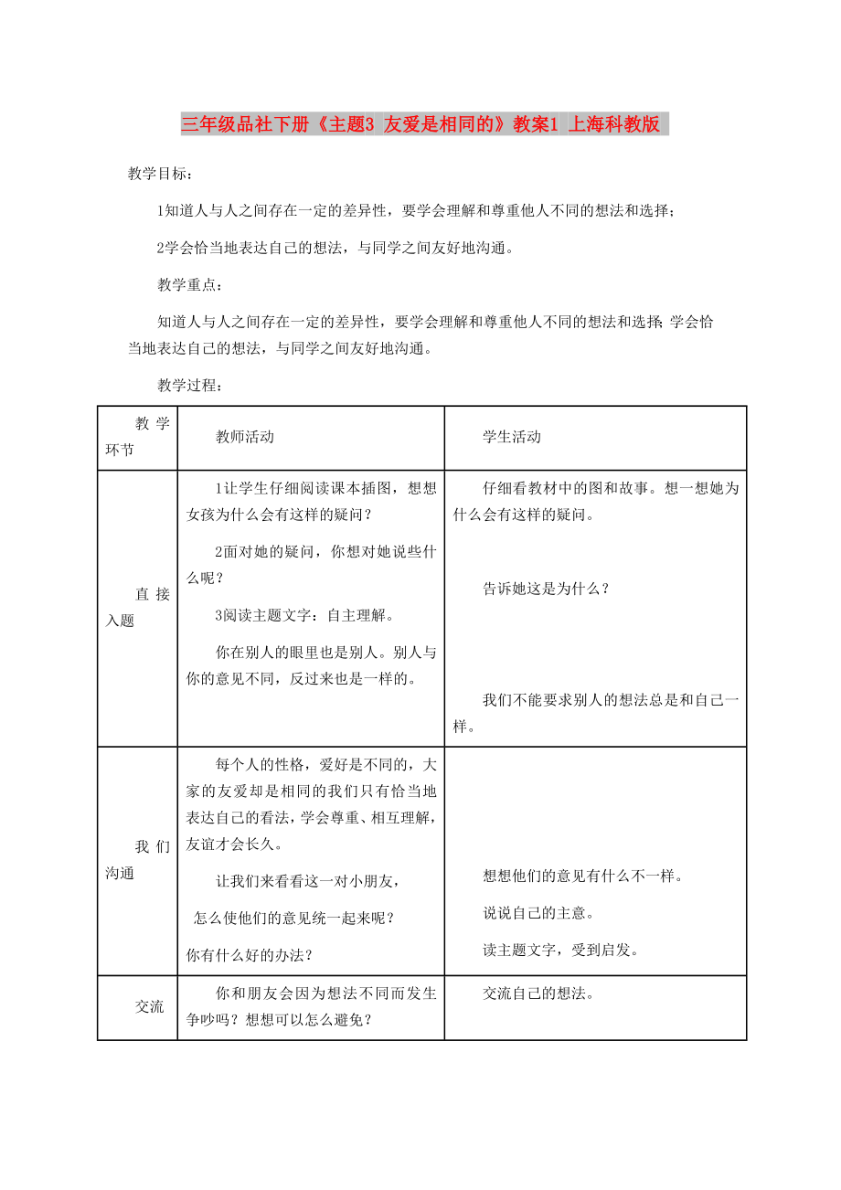 三年級品社下冊《主題3 友愛是相同的》教案1 上?？平贪鎋第1頁