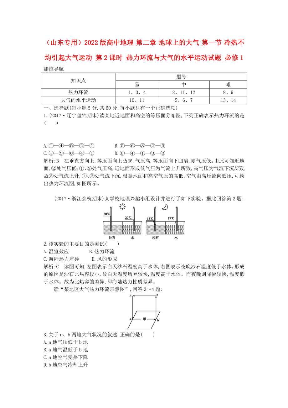 （山東專用）2022版高中地理 第二章 地球上的大氣 第一節(jié) 冷熱不均引起大氣運(yùn)動(dòng) 第2課時(shí) 熱力環(huán)流與大氣的水平運(yùn)動(dòng)試題 必修1_第1頁(yè)